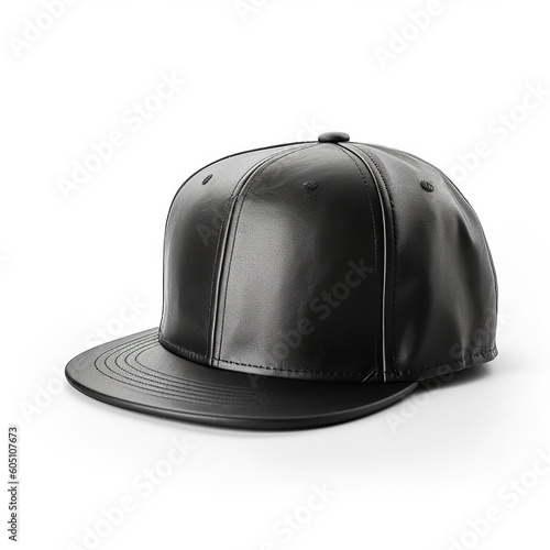 Snapback cap black leather in front view isolated on white background 