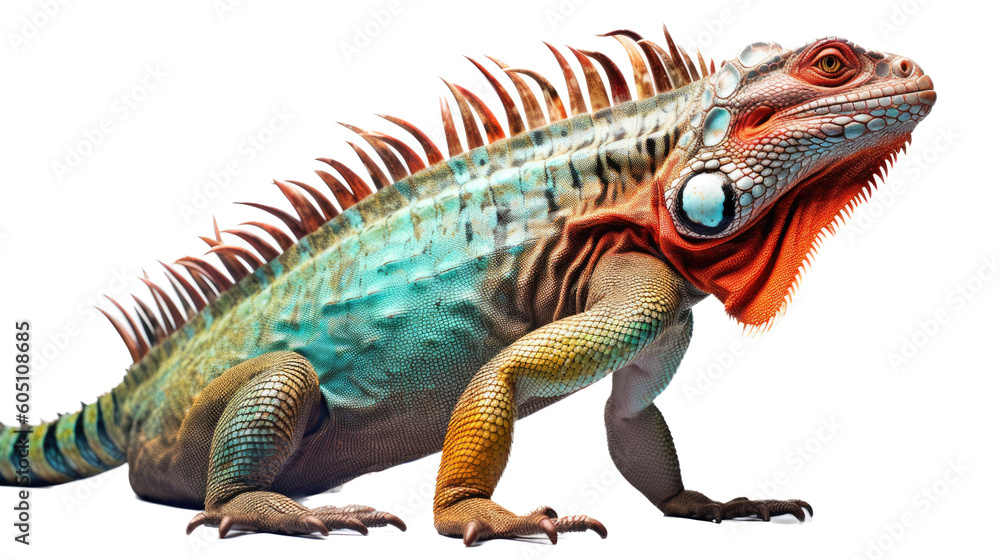 Obraz premium an Iguana side view, in an isolated and transparent PNG in a Nature-themed, photorealistic illustration. Generative ai
