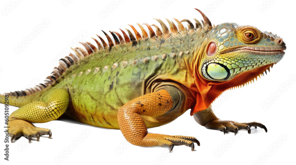 Obraz premium an Iguana side view, in an isolated and transparent PNG in a Nature-themed, photorealistic illustration. Generative ai