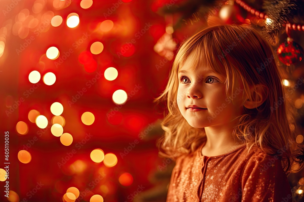 close up portrait of little cute smiling child girl near decorated Christmas tree on background of bright festive lights. Merry Christmas, happy New Year. close up portrait of little cute smiling child girl near decorated Christmas tree on background of bright festive lights. Merry Christmas, happy New Year.