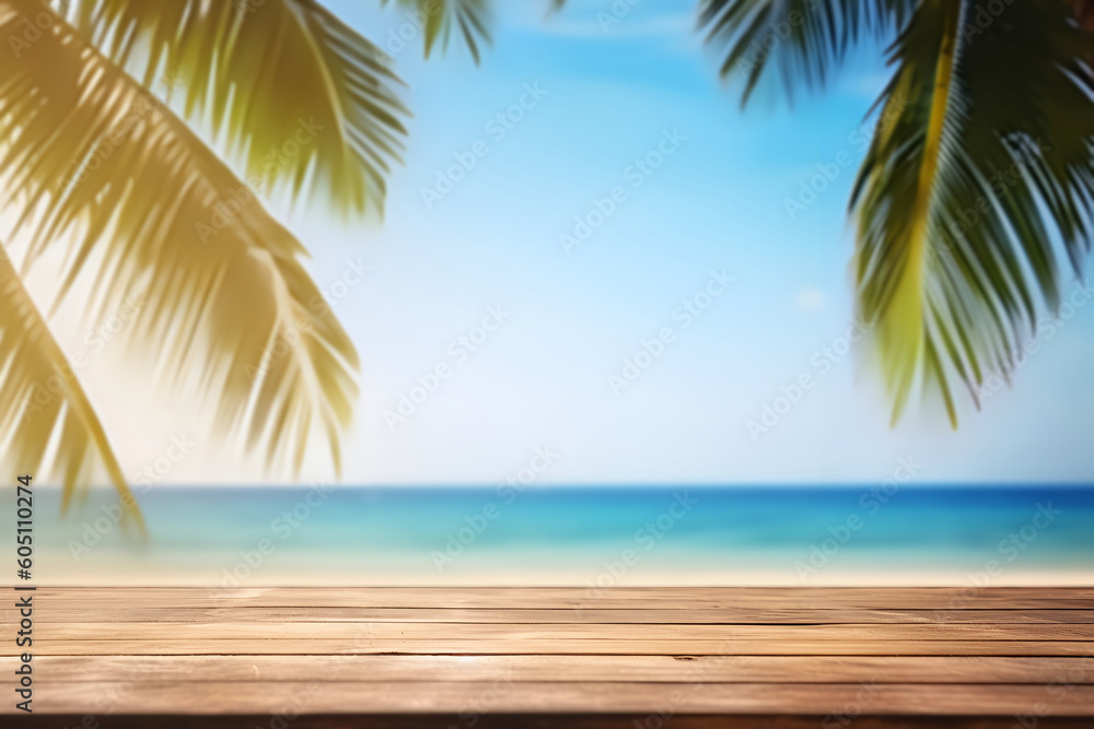 Creative mock concept. Empty wooden table top in front of blue sky, summer sea with palm leaf blurred bokeh background. Template for product presentation display. 