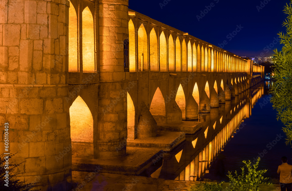 Si-o-Se Pol (Bridge of 33 Arches or Allahverdi Khan Bridge) at night on Zayanderud River in Isfahan, Iran. Architectural masterpiece and historical heritage. Tourist attraction.