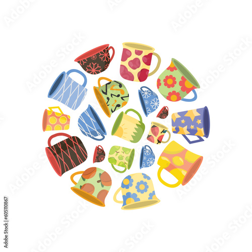tea cups arranged in circle shape. vintage teacup collection, tea ceremony. mugs with fruits, flowers, lines, hand drawn patterns. vector cartoon flat illustration