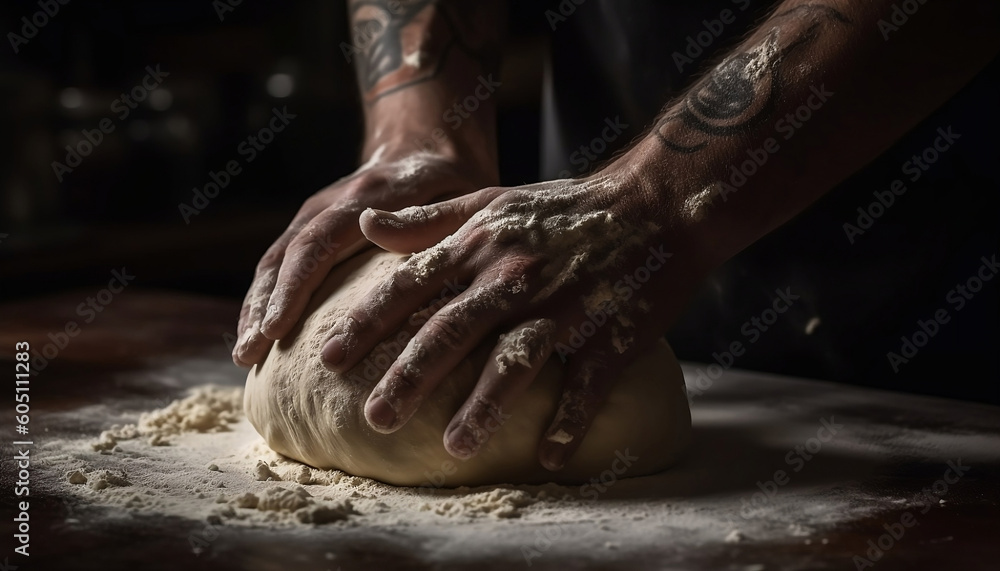 Baker hand kneading dough, generative ai Baker hand kneading dough, generative ai