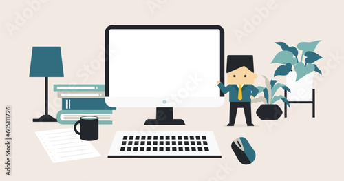 デフォルメ ビジネス人物イラスト 男性 パソコン 1:1.191 ベクター 素材 アイキャッチ