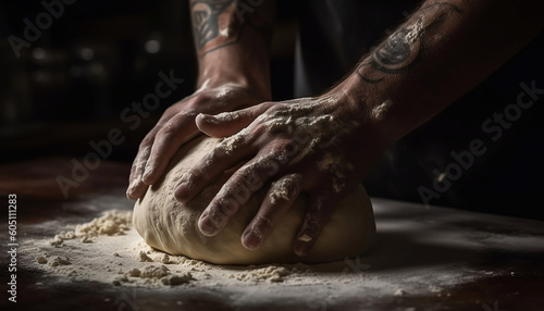 Baker hand kneading dough, generative ai