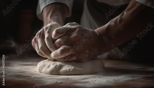 Baker hand kneading dough, generative ai