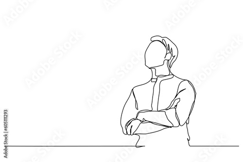 Businessman standing with his arms crossed. Single line drawing