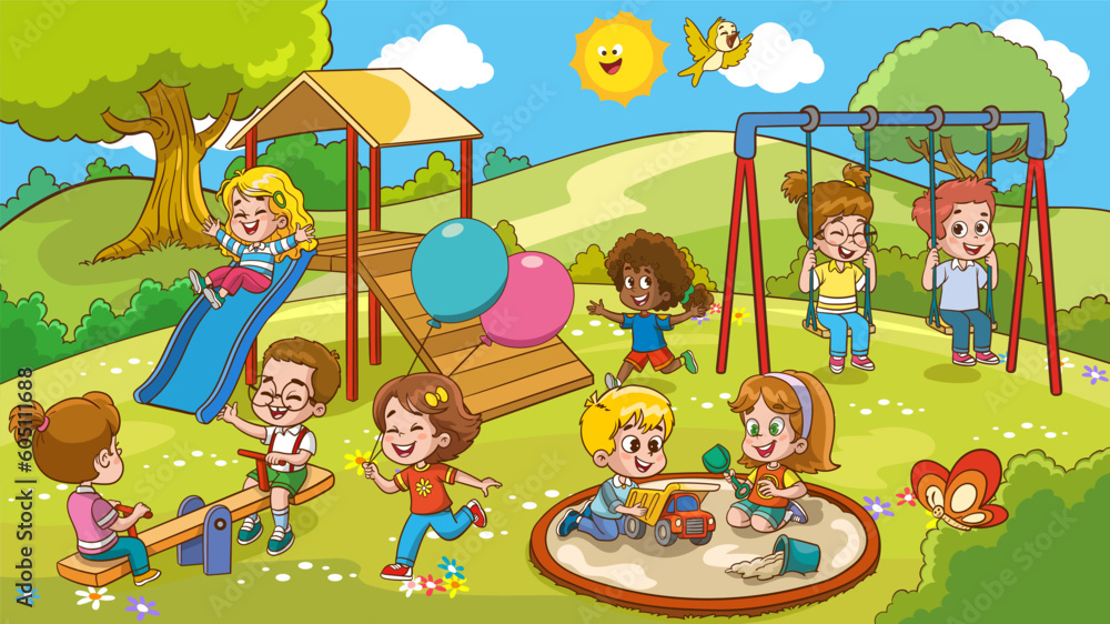 Vector illustration of happy kids playing in playground