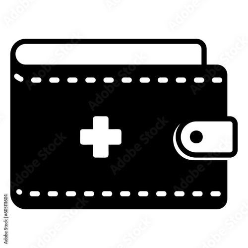 Medical expenses icon for health care in hospital represented by wallet and plus sign