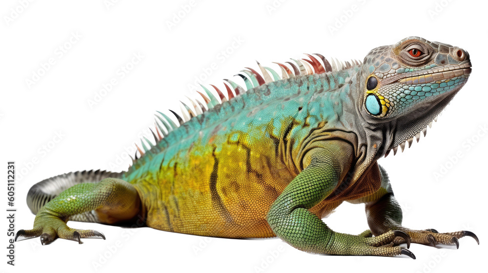 Obraz premium an Iguana side view, in an isolated and transparent PNG in a Nature-themed, photorealistic illustration. Generative ai