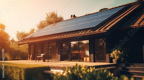 Black solar panels are installed on a house on a clear sunny day. Power and efficiency of solar energy. Modern design. Concepts of renewable energy sources. Generative AI