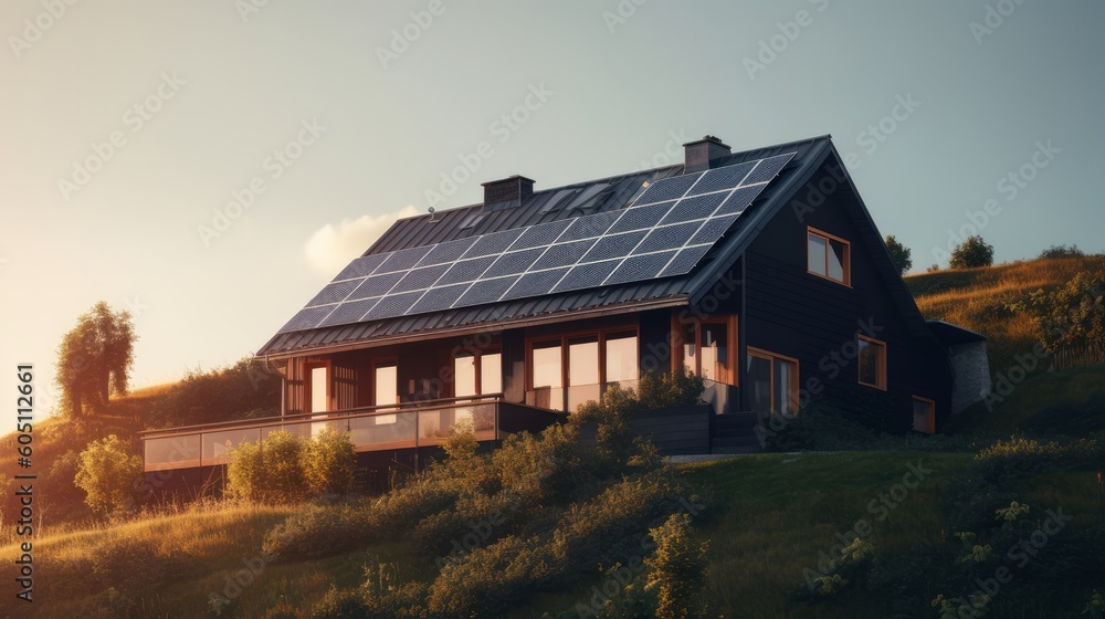 Black solar panels are installed on a house on a clear sunny day. Power and efficiency of solar energy. Modern design. Concepts of renewable energy sources. Generative AI