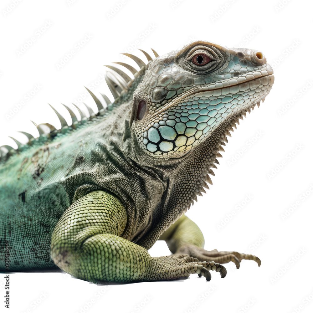 Fototapeta premium an iguana natural color portrait, arboreal lizards, herbivores Pet-themed, photorealistic illustrations in a PNG. Generative AI