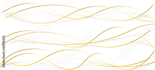 3d wavy gold lines swoosh on white background. Luxury beauty thin curves, swirl as stream flow pattern. Soft geometric shapes as silk fiber or fablic shiny decoration.