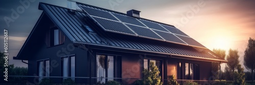 Black solar panels are installed on a house on a clear sunny day. Power and efficiency of solar energy. Modern design. Concepts of renewable energy sources. Generative AI