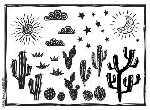 Desert landscape elements. Cacti, succulents, sun, moon and stars. Woodcut vector in Brazilian cordel style photo