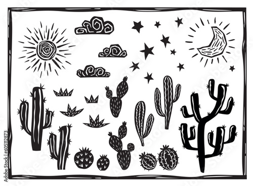 Desert landscape elements. Cacti, succulents, sun, moon and stars. Woodcut vector in Brazilian cordel style