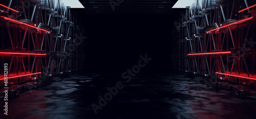 Fototapeta Naklejka Na Ścianę i Meble -  Sci Fi Futuristic Alien Spaceship Podium Tunnel Corridor Room Stage Glowing Laser  Blue Red Lights Wall Floor Cables And Devices Empty Space Showcase Garage 3D Rendering