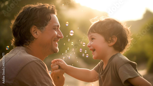 Father and his little child playing with bubbles during the golden hour. Concept of fathers day, fathers love, relationships between dad and child. Generative Ai