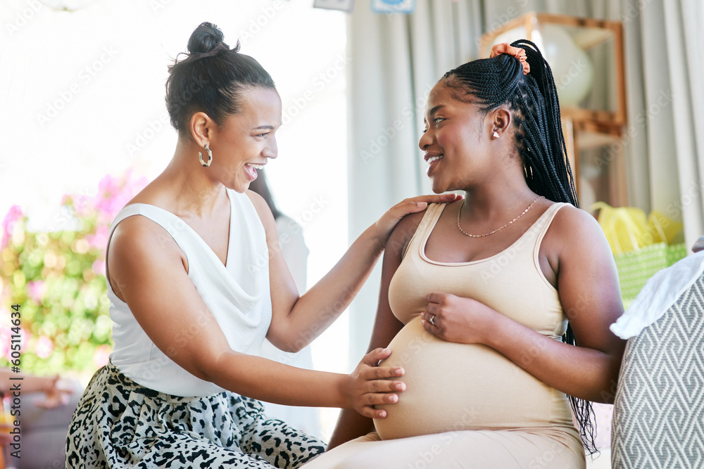 Pregnant, friends and woman touching a stomach, baby shower and excited with happiness, home and support. Female people, girls and lady feeling belly, pregnancy and event with celebration and party - obrazy, fototapety, plakaty 