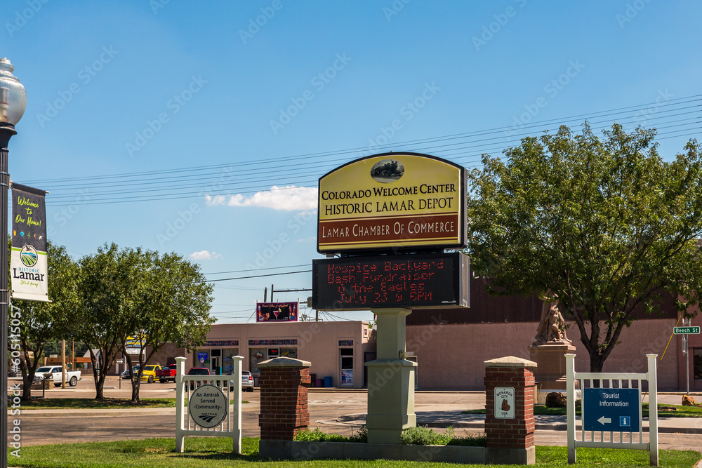 Colorado Center in the Historic Lamar Depot sign in Lamar