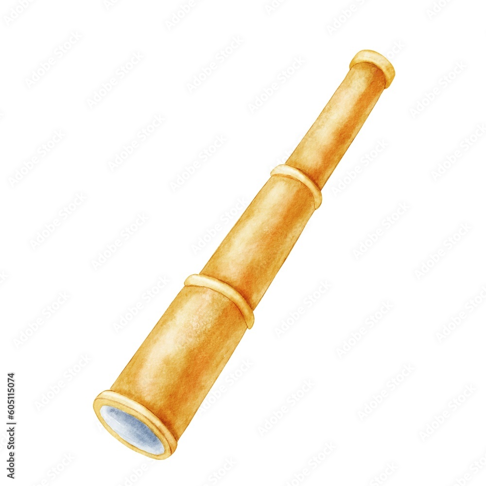 Watercolor nautical spyglass. Hand drawn illustration isolated on white background.