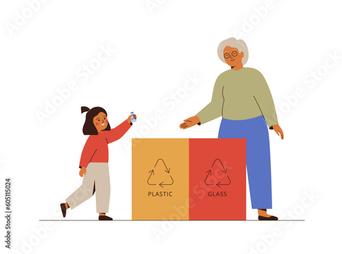 Small girl and her grandma sorting trash. Elderly woman telling to schoolgirl how separate rubbish. Child throwing plastic bottle into recycling can. Ecological education concept. Vector illustration