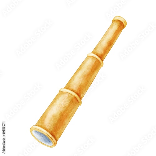 Watercolor nautical spyglass. Hand drawn illustration isolated on white background.