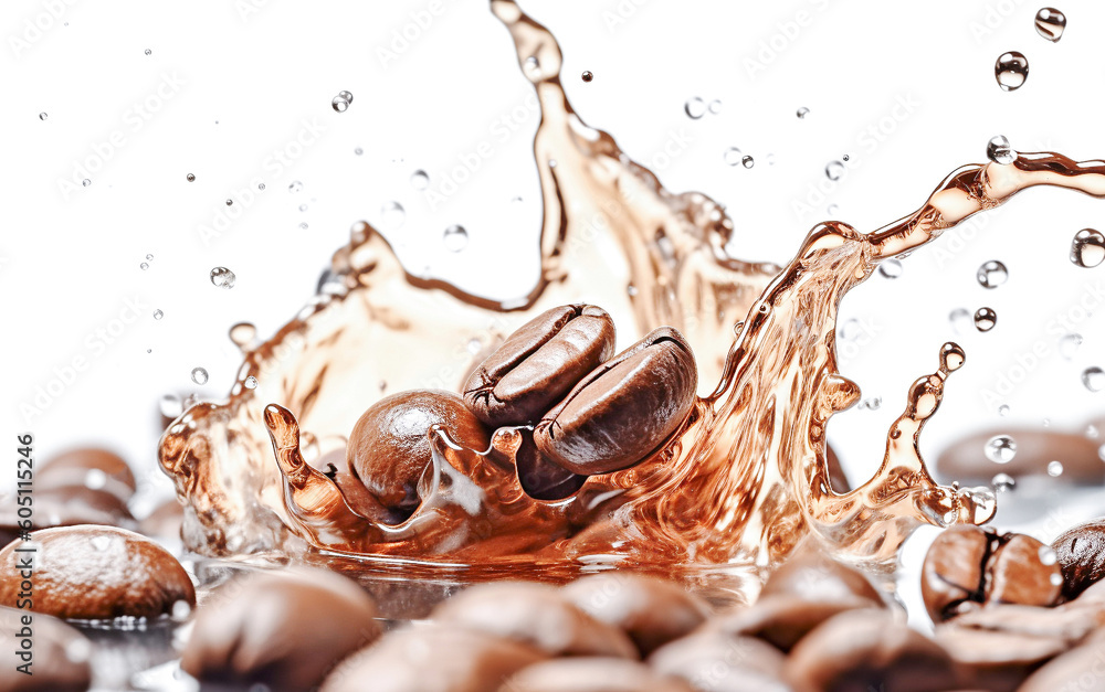 Fototapeta premium AI generative. Coffee beans with splash on white