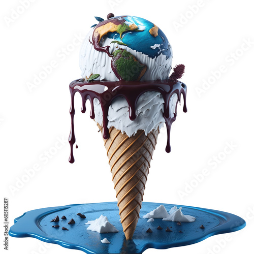Melting planet earth on ice cream cone on transparent background. Generative AI