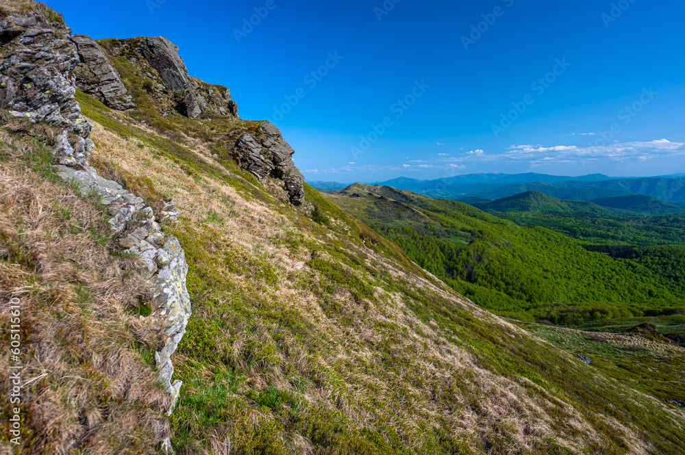 Spring landscape of the Bieszczady Mountains. A view of the Mount Kopa Bukowska. Spring landscape of the Bieszczady Mountains. A view of the Mount Kopa Bukowska.