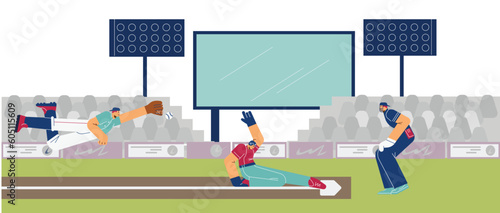 Sport stadium field with baseball players catching ball, vector illustration.