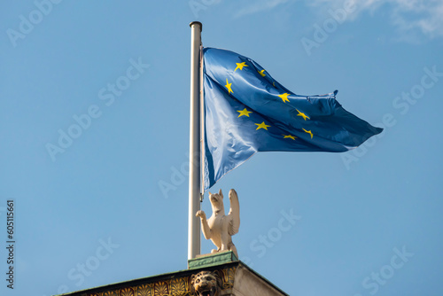 The Flag of Europe or European Flag  consists of twelve golden stars forming a circle on a blue field. It was designed and adopted in 1955 by the Council of Europe