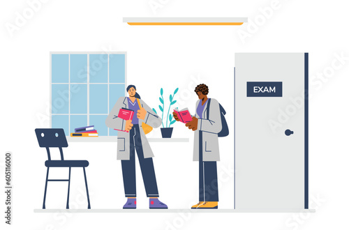 Students in medical gowns stand at door with inscription exam flat style