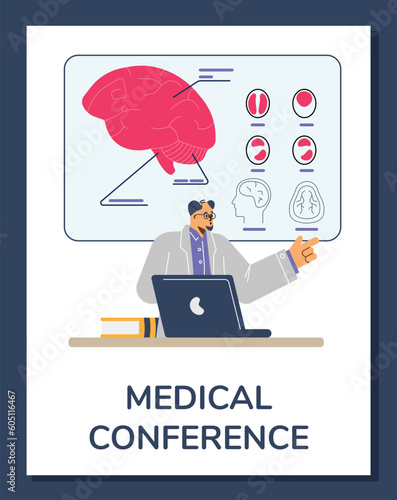 Medical conference banner with professor gives lecture to students, flat vector.