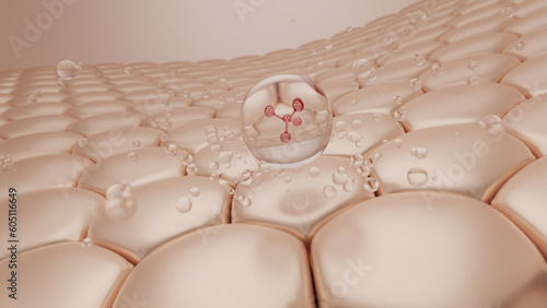 Obraz na plátne Skin cells with drop of water with molecules of serum or skin treatment product