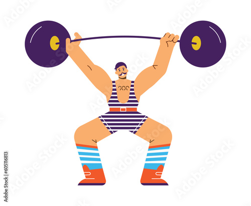 Strongman in striped vest lifts huge barbell flat style, vector illustration