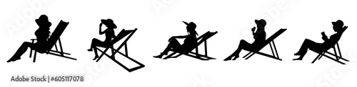 Vector set Silhouette of Woman lying on chaise lounge, sunbathing and relaxing on summer holiday. Women chair beach silhouette isolated vector design