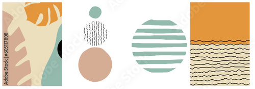 collection of modern simple abstractions with geometric shapes (circles and lines) and leaves of tropical plants on a white and beige background