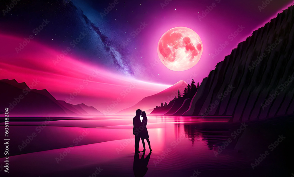 A young couple embraces at the lake in the pinkish evening. Their shadows are cast on the water, and they are silhouetted against the pink sky.