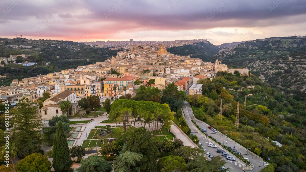Aerial View of Ragusa Ibla at Sunset, Sicily, Italy, Europe, World Heritage Site