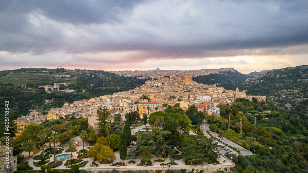 Aerial View of Ragusa at Sunset, Sicily, Italy, Europe, World Heritage Site