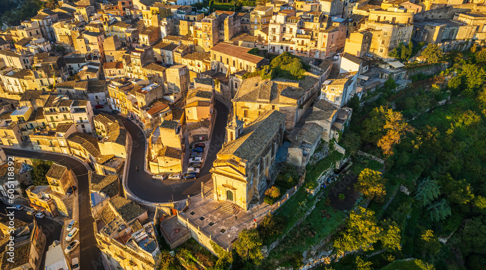 Fototapeta premium Aerial View of Ragusa Ibla at Dawn, Sicily, Italy, Europe, World Heritage Site