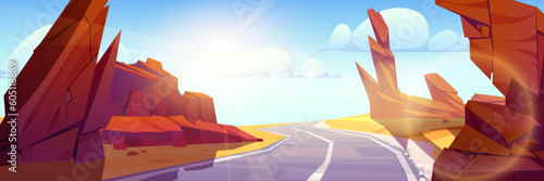 Canyon desert road landscape vector background illustration. Arizona highway with sand and rock wild valley scene. Beautiful endless southwest route on sunny day near red boulder perspective view