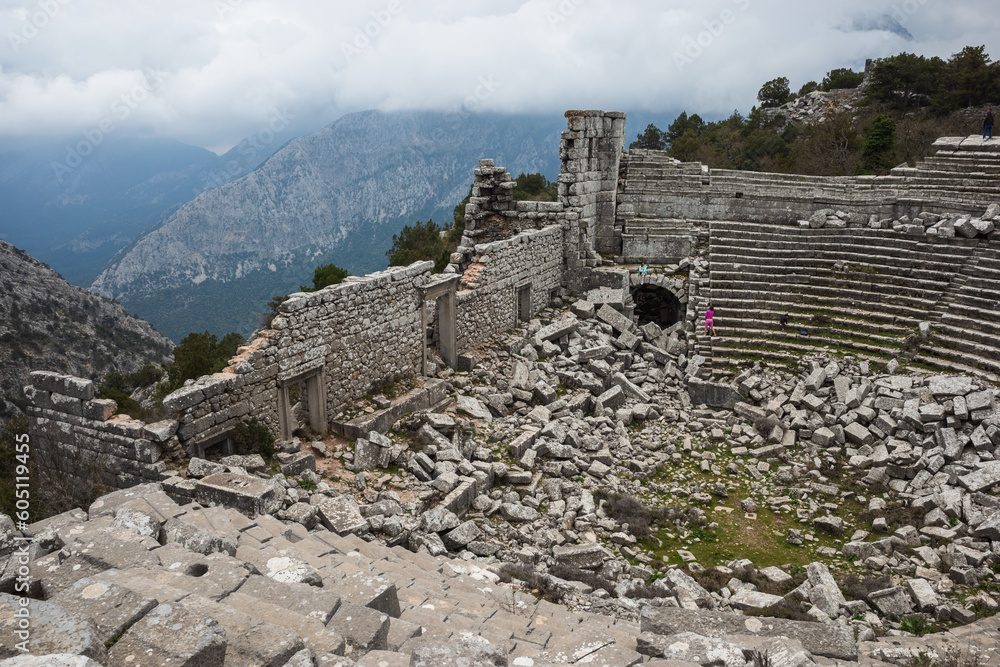 Ruined gymnasium and baths building in Termessos. Ruined ancient city in Antalya province, Turkey.