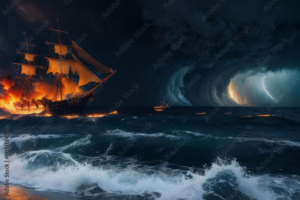 Sailing ship in stormy ocean. Dramatic seascape Generative AI
