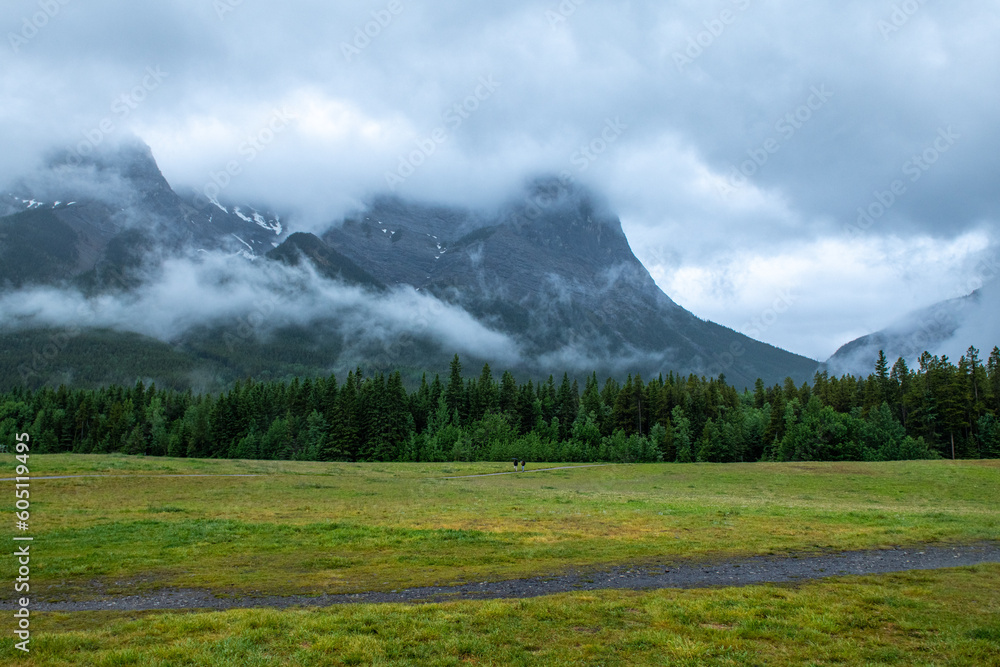Fototapeta premium Misty majestic mountains with green meadows and an unpaved path in Banff Canada