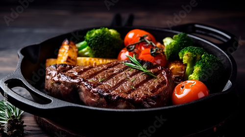 American food concept. Grilled beef steak with grilled vegetables, with carrots, cherry tomatoes, broccoli, in a cast iron pan for food advertising and background Generative AI