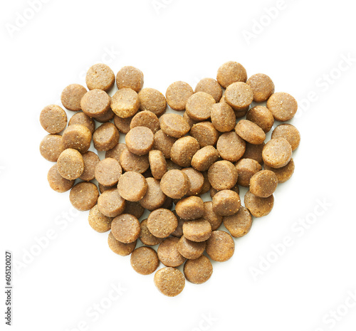 top view overhead pet dog cat food kibble feed pellet isolated on white background. heart pet dog cat food kibble feed pellet isolated. heap of pet dog cat food kibble feed pellet isolated heart